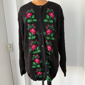 Vintage Northern Sport Embroidered Floral Black Cardigan Sweater size L